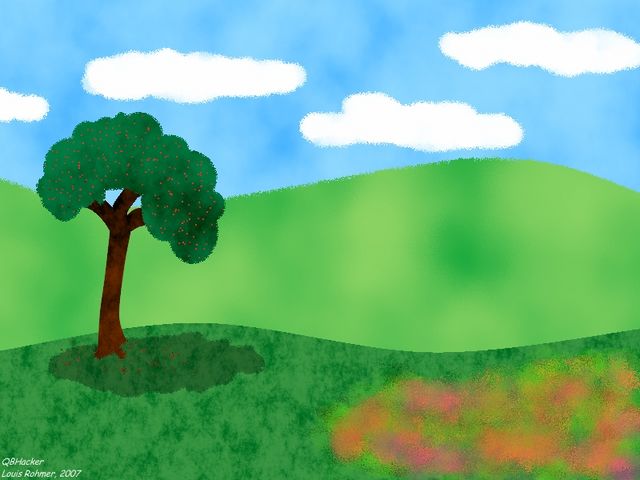 Un arbre, façon pommier, un parterre de fleurs, et colines