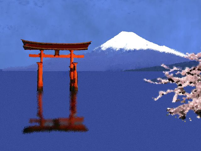 Mont Fuji, 'Porte du Japon' et cerisier en fleur
